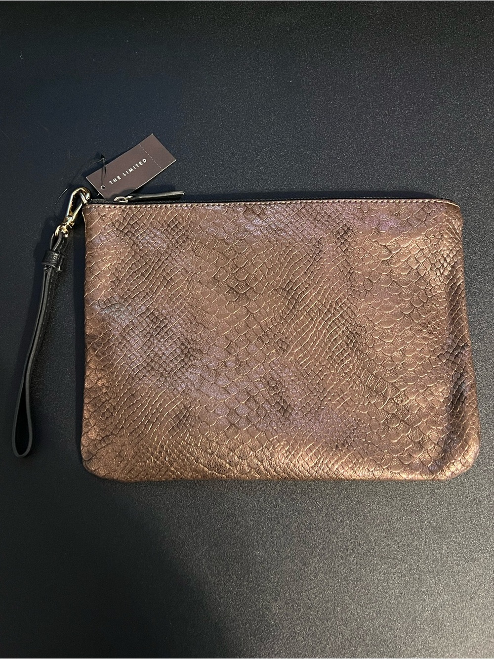 NWT The Limited Bronze Snake-Embossed Wristlet with Black Strap